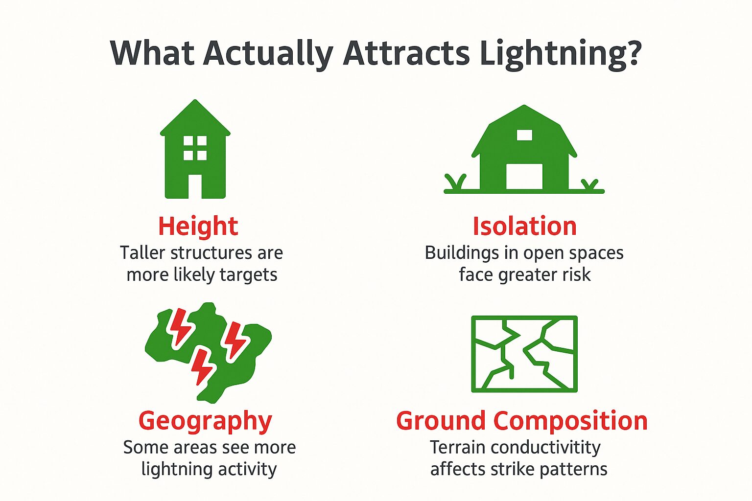 Infographic titled "What Actually Attracts Lightning?" showing four main factors: Height (taller structures are more likely targets) with a green house icon, Isolation (buildings in open spaces face greater risk) with a barn icon, Geography (some areas see more lightning activity) with a green map and red lightning bolts, and Ground Composition (terrain conductivity affects strike patterns) with a cracked ground icon. Each factor includes an illustration in green with red text labels.