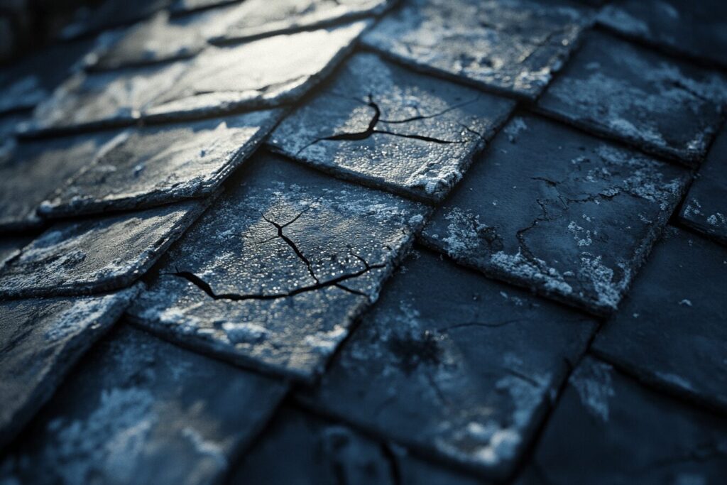 "Close-up of aged slate roof tiles with visible cracks and frost buildup. The surface shows significant weathering, with broken and uneven edges catching the light."