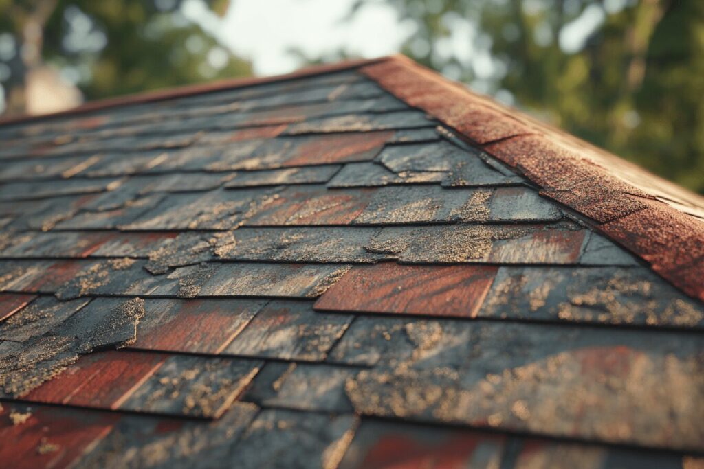 "Detailed shot of a pitched roof covered in deteriorating asphalt shingles. Granule loss and curling edges are visible, with patches of red and grey showing through."