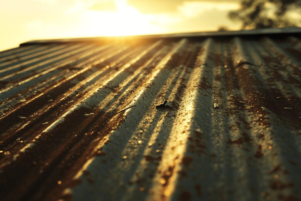 "Corrugated metal roof with rust stains and loose screws, photographed at sunset. Golden light casts long shadows across the ridges, highlighting the worn texture."